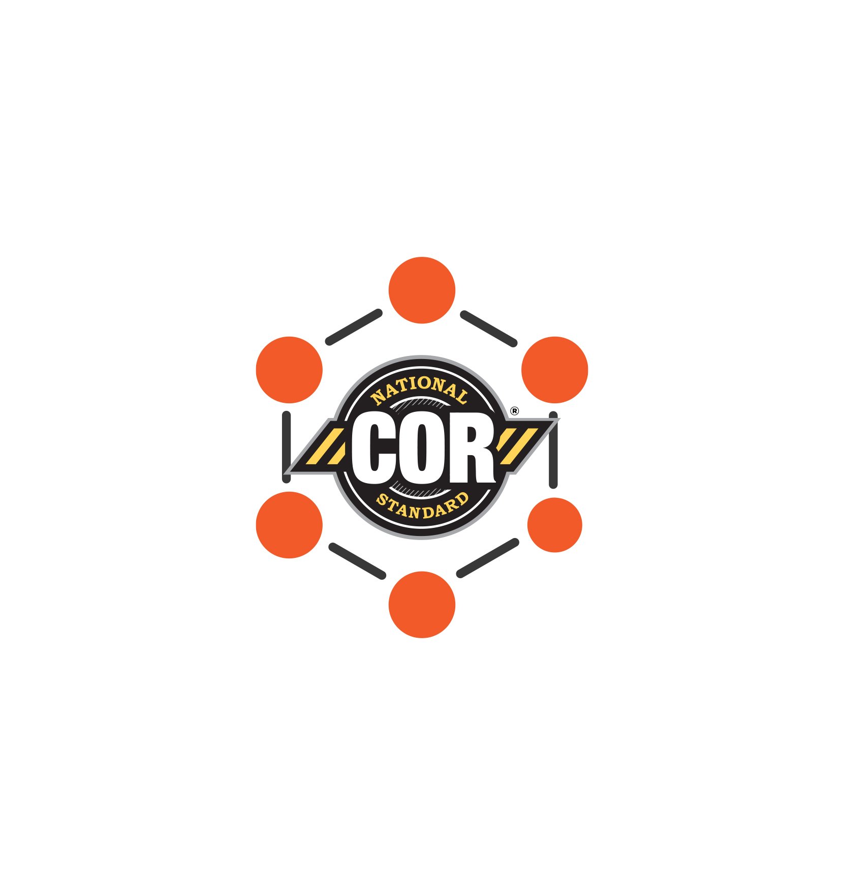 The COR logo surrounded by a network of orange circles.