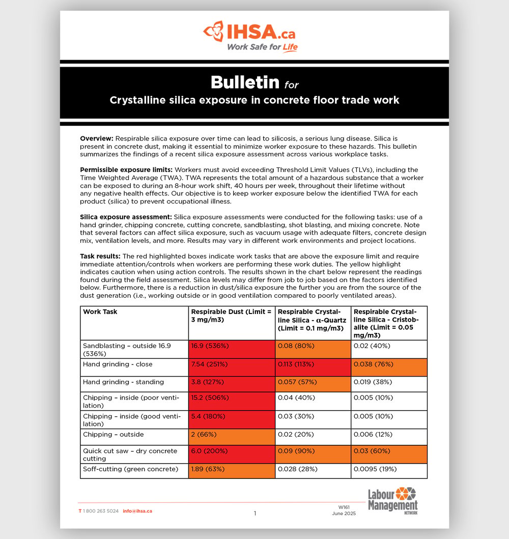 Bulletin for crystalline silica exposure in concrete floor trade work