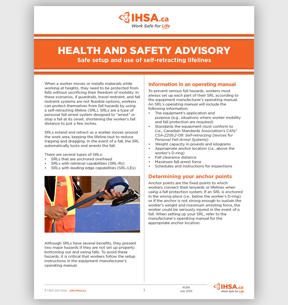 Health and safety advisory: Safe setup and use of self-retracting lifelines