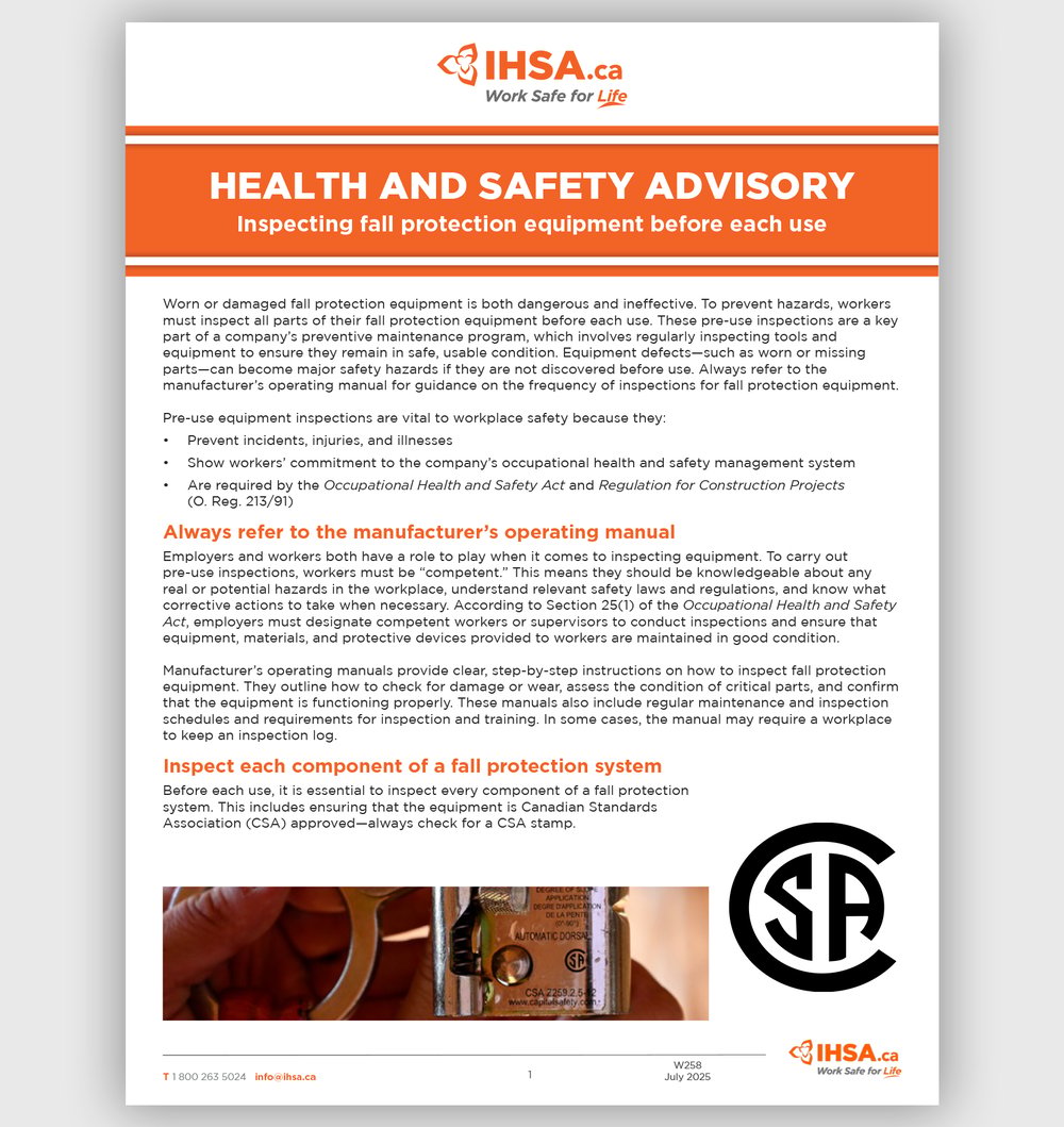 Health and safety advisory: Inspecting fall protection equipment before each use