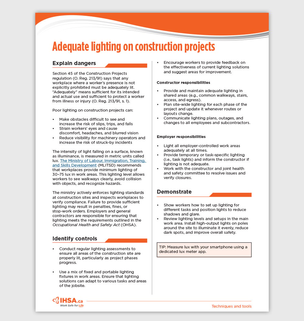 Adequate lighting on construction projects safety talk