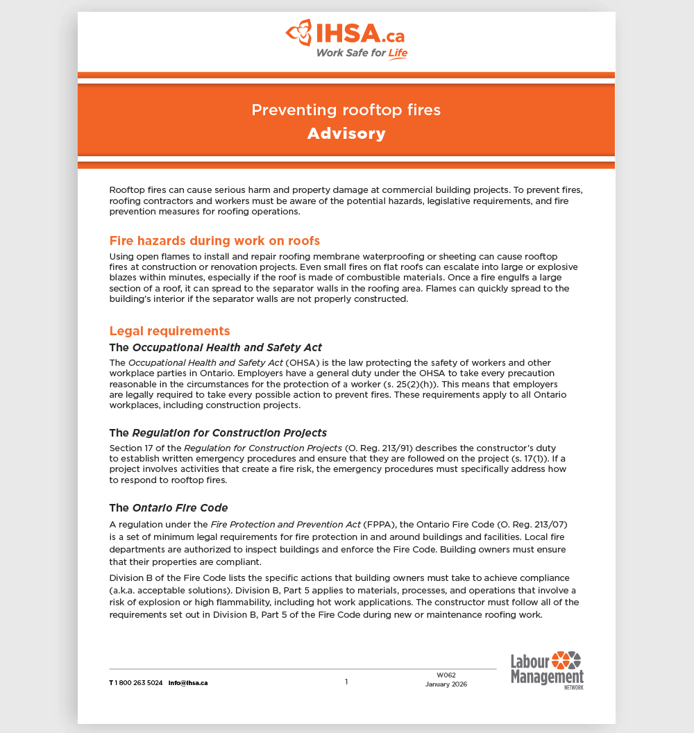 IHSA's Preventing rooftop fires advisory (W062).